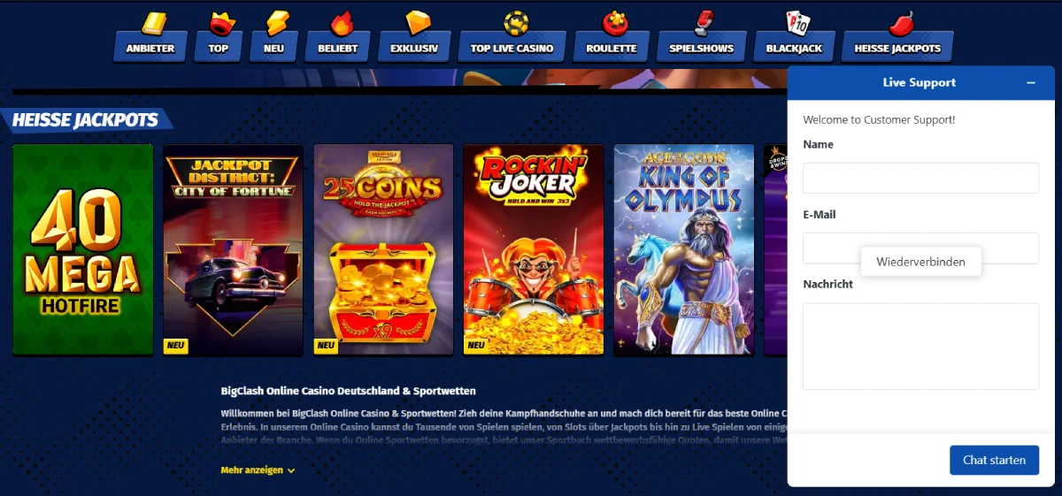BigClash casino livechat